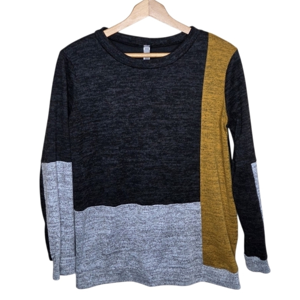 My Story Gray Mustard Colorblock Crewneck Sweater Size Medium Artsy Unique